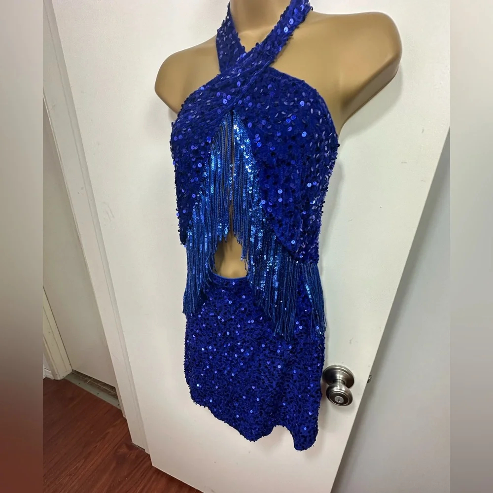 Lulus Royal Blue Elevated Dazzle Velvet Sequin Fringe Halter Mini Dress NWT L - Picture 7 of 16